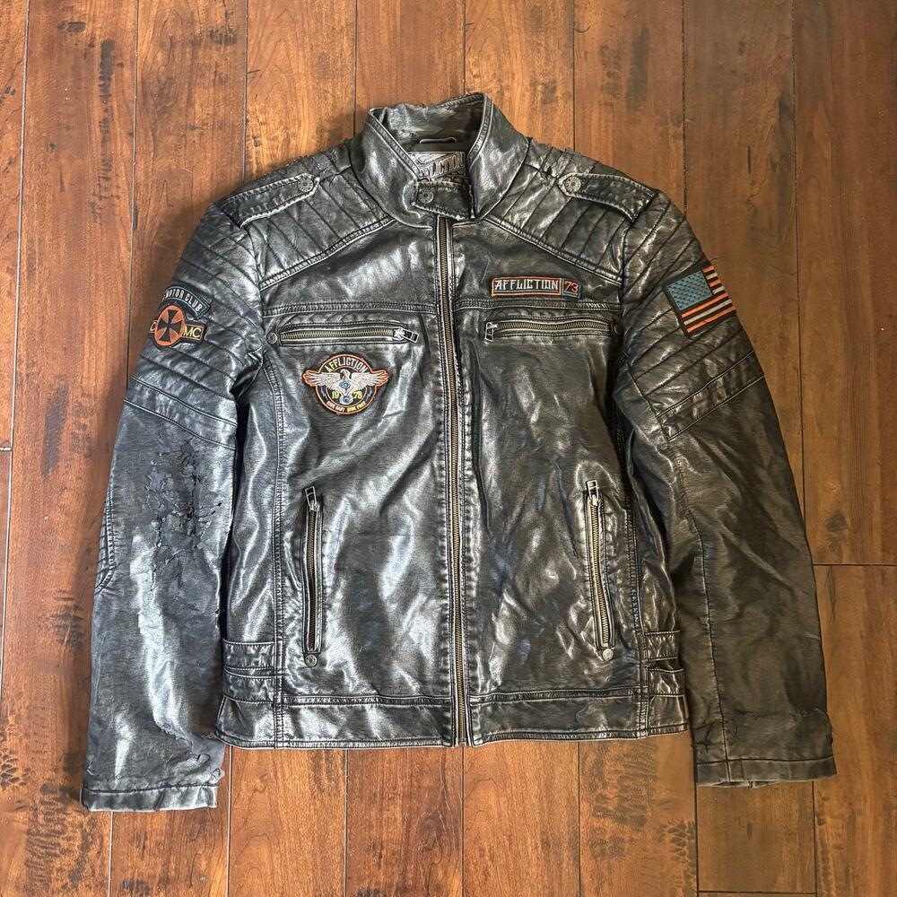 Affliction Faux Leather Motorcycle Jacket Mens M Black Premium Patches Y2K